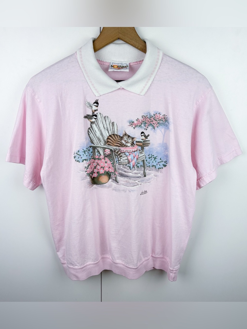 Vintage Sleeping Cat Bird Cottagecore Grandmacore Spring Pink Collared Tee Shirt